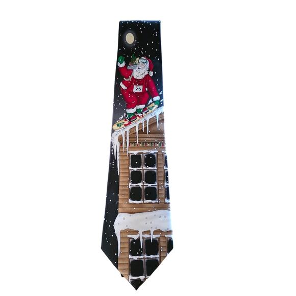 ZYLOS‎ GOLD George Machado Men's 100% Silk Tie Christmas Santa Snowboarding - Picture 1 of 4